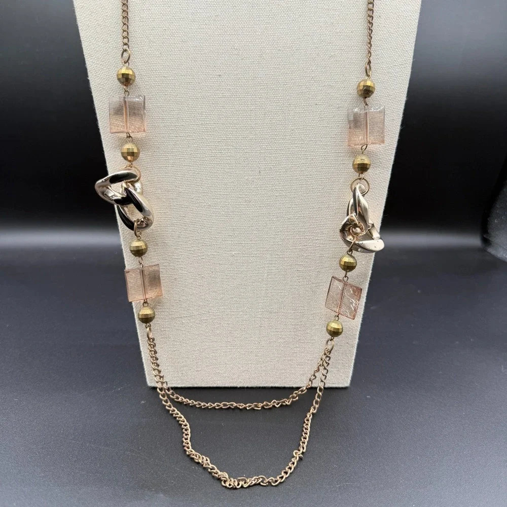 Gold Tone Long Chain Necklace Pink Lucite Beads Black Enamel Links Layered Boho